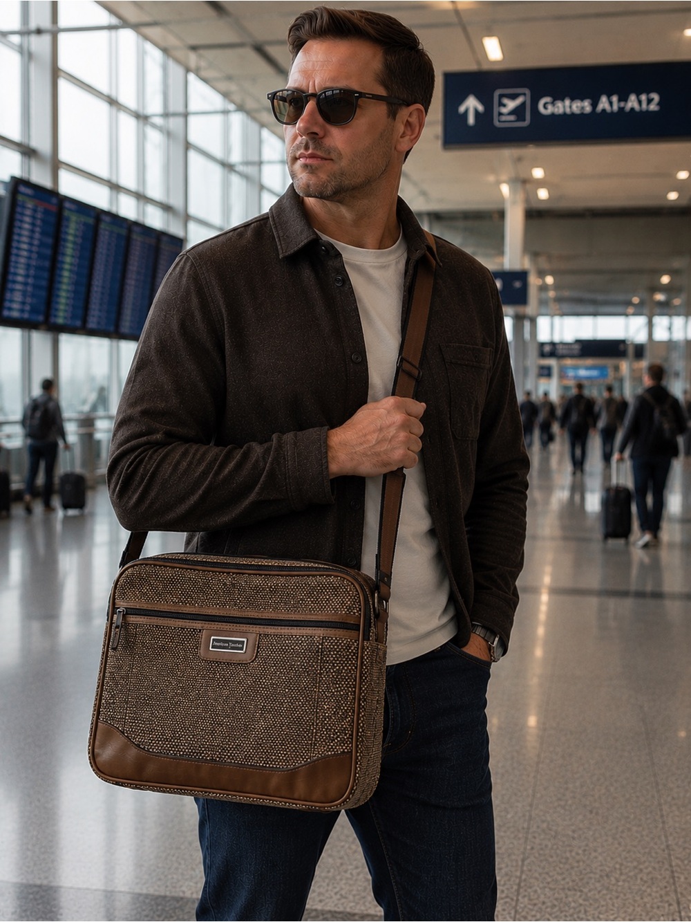 American Tourister Brown Tweed Crossbody Shoulder Bag Travel